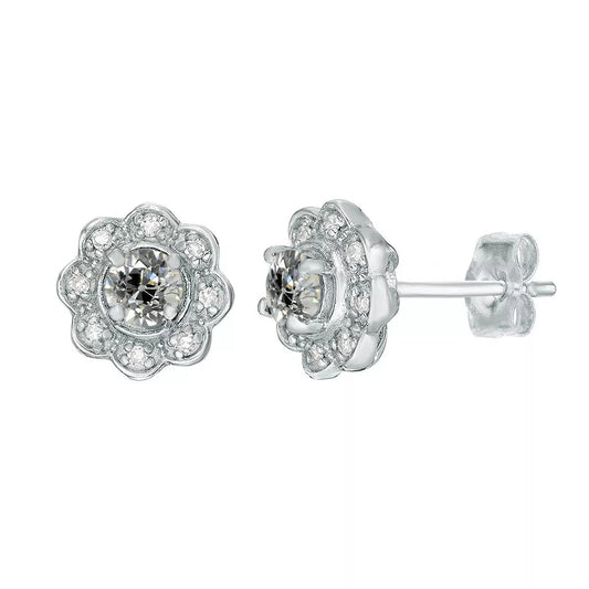 Halo Echt Diamant Studs Flower Style Old Cut Ohrringe 4 Karat Push Backs