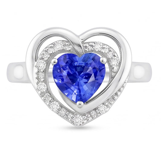 Halo Edelstein Ring Herz Blauer Saphir Schmuck 1,50 Karat Weißgold