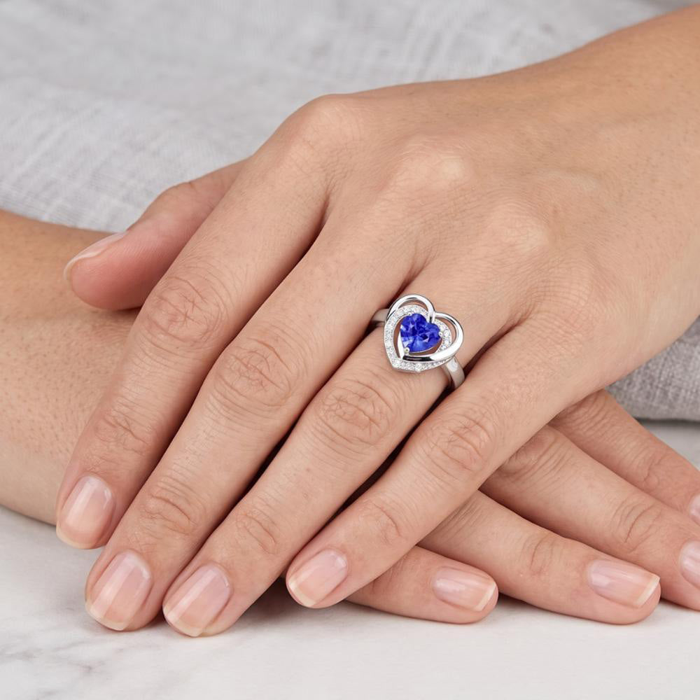 Halo Edelstein Ring Herz Blauer Saphir Schmuck 1,50 Karat Weißgold