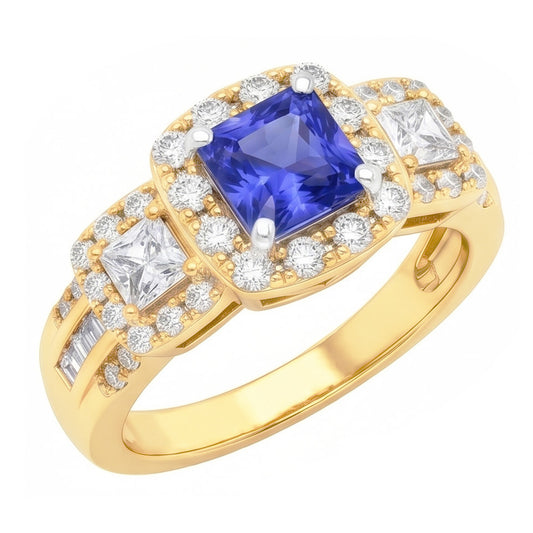 Halo Edelstein Ring Strahlender Saphir 5 Karat 14K Gold Aus der Erde Abgebauter Natürlicher Diamanten