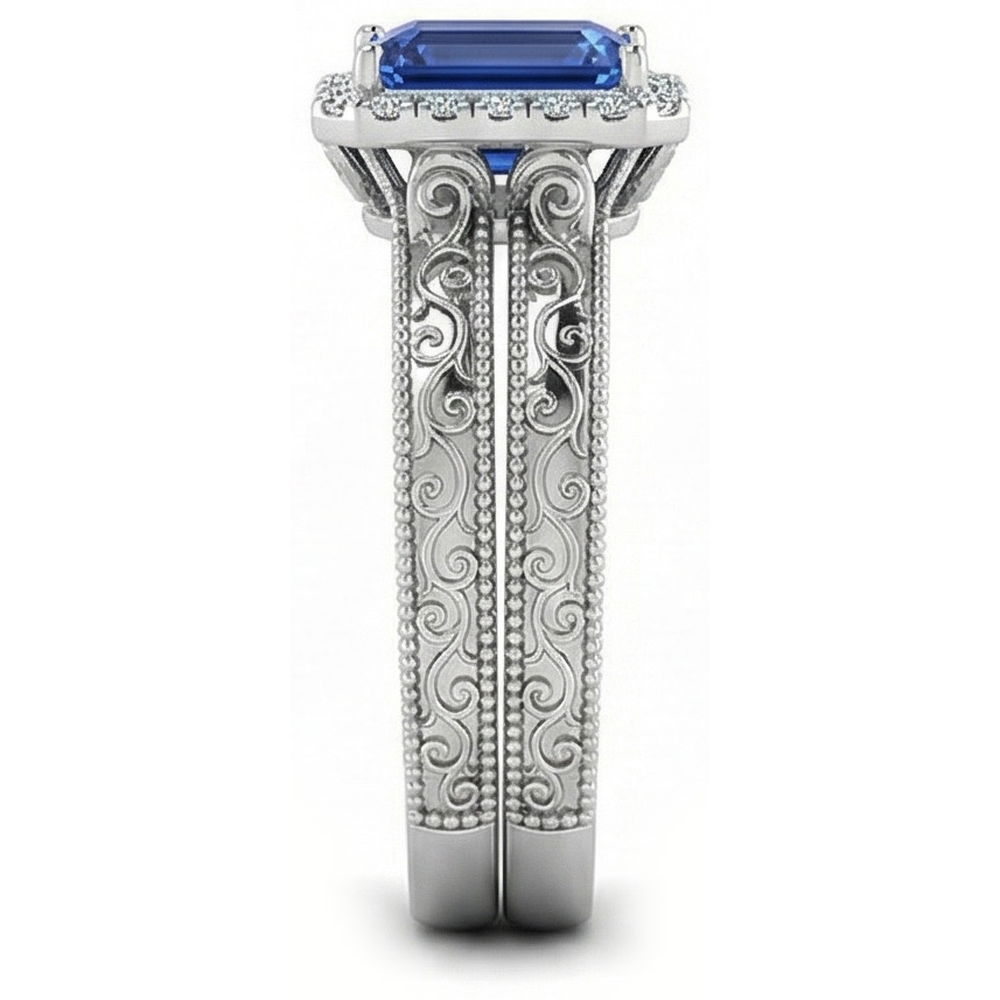 Halo Ehering-Set Smaragdblauer Saphir 2.50 Karat Antik-Stil