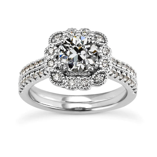Halo Ehering-Set rund im alten Minenschliff Echt Diamant-Blumen-Stil 5 Karat