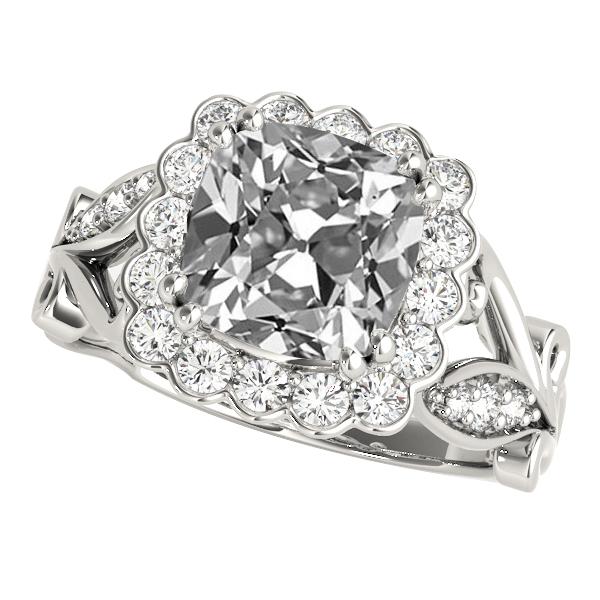 Halo Kissen Altschliff Echt Diamantring Blume mit Blatt-Stil 9.50 Karat