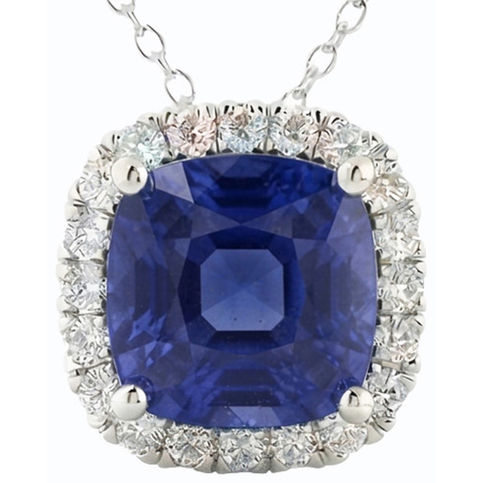 Halo Kissen Blauer Saphir & Aus der Erde Abgebauter Natürlicher Diamant Anhänger Schmuck 10,75 Karat