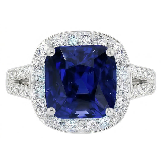 Halo Kissen Saphir Ring Weißgold 14K Natürlicher Diamant ( nicht im Labor gezüchtet )schmuck 4,50 Karat