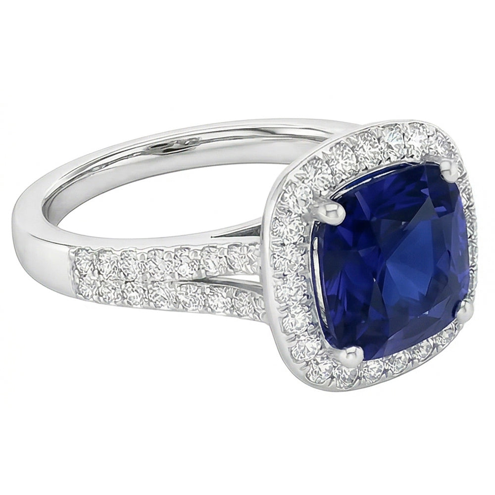 Halo Kissen Saphir Ring Weißgold 14K Natürlicher Diamant ( nicht im Labor gezüchtet )schmuck 4,50 Karat