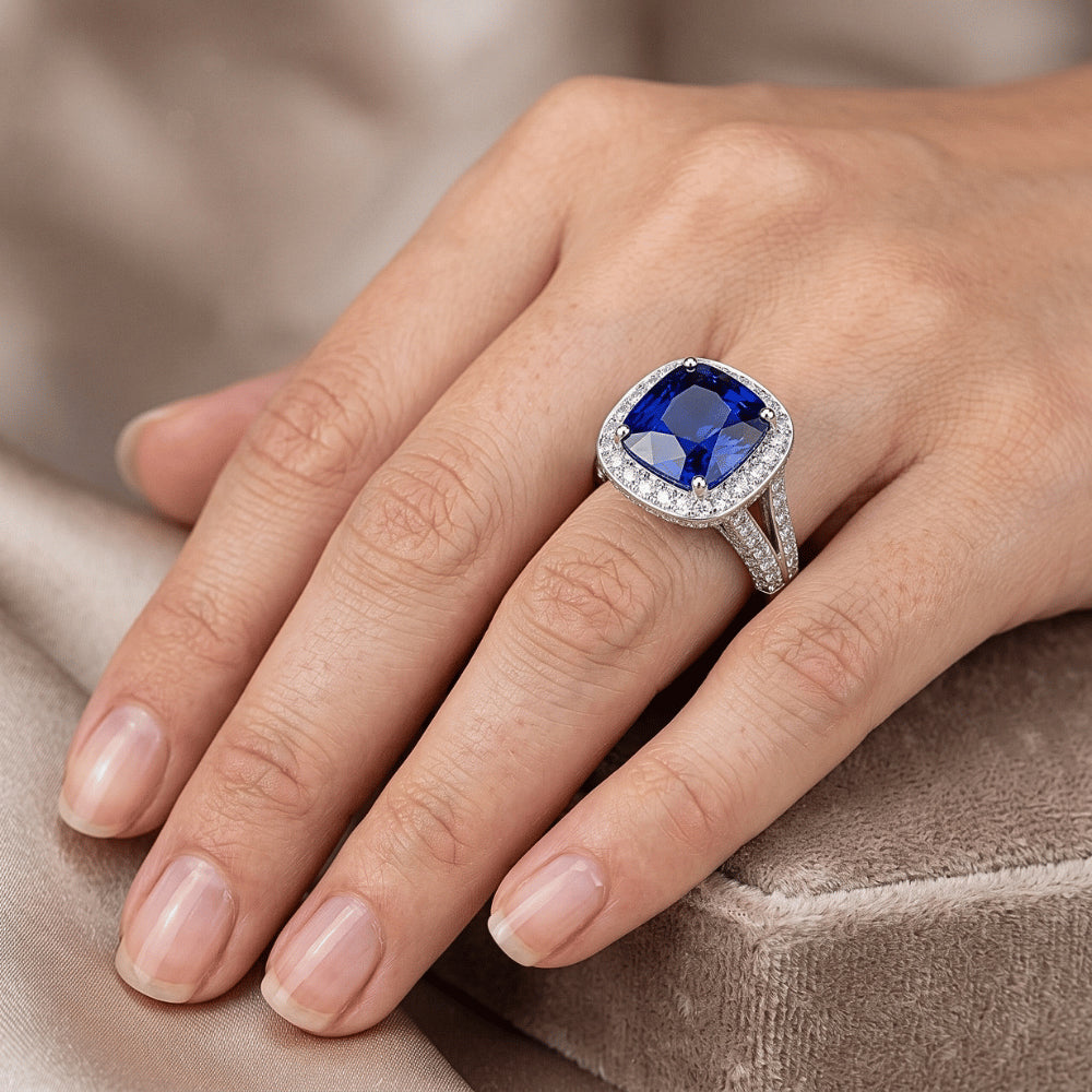 Halo Kissen Saphir Ring Weißgold 14K Natürlicher Diamant ( nicht im Labor gezüchtet )schmuck 4,50 Karat