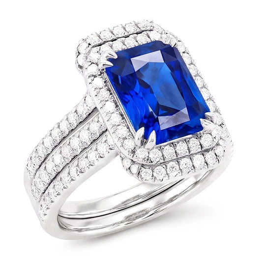 Halo Natürlicher Diamant ( nicht im Labor gezüchtet )-Saphir-Verlobungs-Ehering-Set mit Jacke 5 Karat