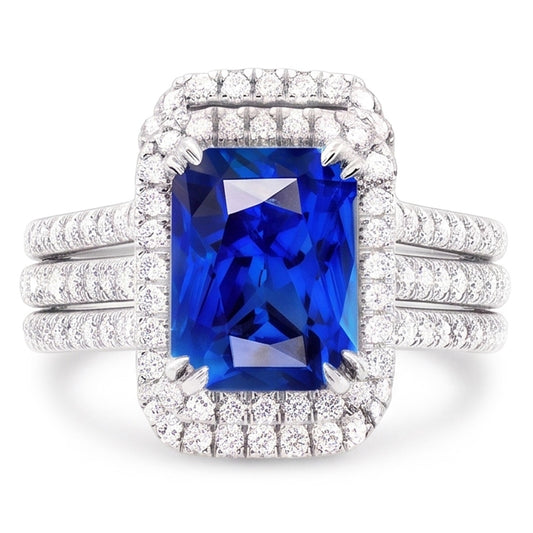 Halo Natürlicher Diamant ( nicht im Labor gezüchtet )-Saphir-Verlobungs-Ehering-Set mit Jacke 5 Karat