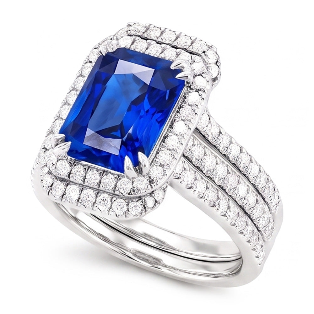 Halo Natürlicher Diamant ( nicht im Labor gezüchtet )-Saphir-Verlobungs-Ehering-Set mit Jacke 5 Karat
