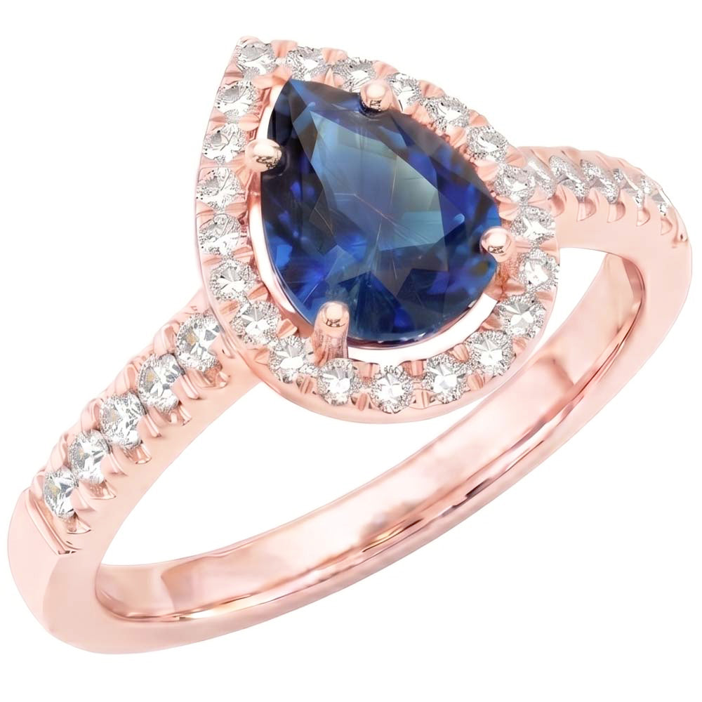 Halo Natürlicher Diamant ( nicht im Labor gezüchtet )-Verlobungsring Birne Blauer Saphir 3.50 Karat