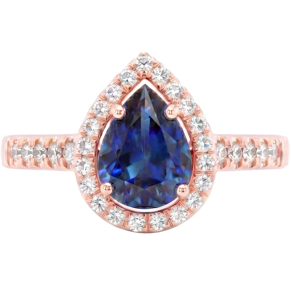 Halo Natürlicher Diamant ( nicht im Labor gezüchtet )-Verlobungsring Birne Blauer Saphir 3.50 Karat