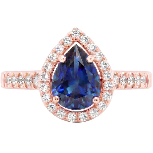 Halo Natürlicher Diamant ( nicht im Labor gezüchtet )-Verlobungsring Birne Blauer Saphir 3.50 Karat
