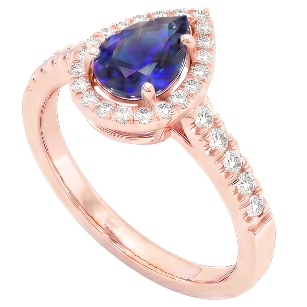 Halo Natürlicher Diamant ( nicht im Labor gezüchtet )-Verlobungsring Birne Blauer Saphir 3.50 Karat