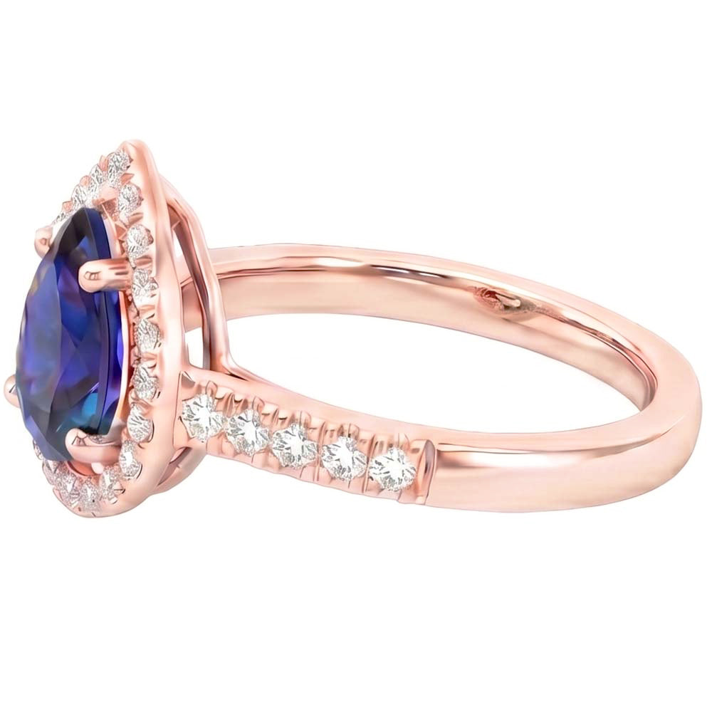 Halo Natürlicher Diamant ( nicht im Labor gezüchtet )-Verlobungsring Birne Blauer Saphir 3.50 Karat
