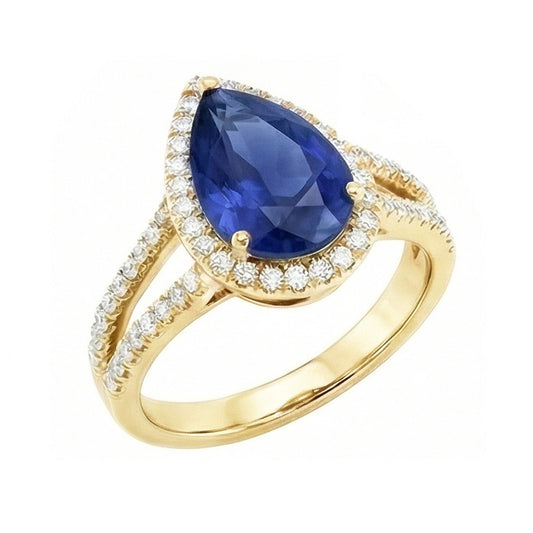 Halo Natürlicher Diamant ( nicht im Labor gezüchtet )s Ring & Sri Lanka Birnen-Saphir 8 Karat geteilter Schaft