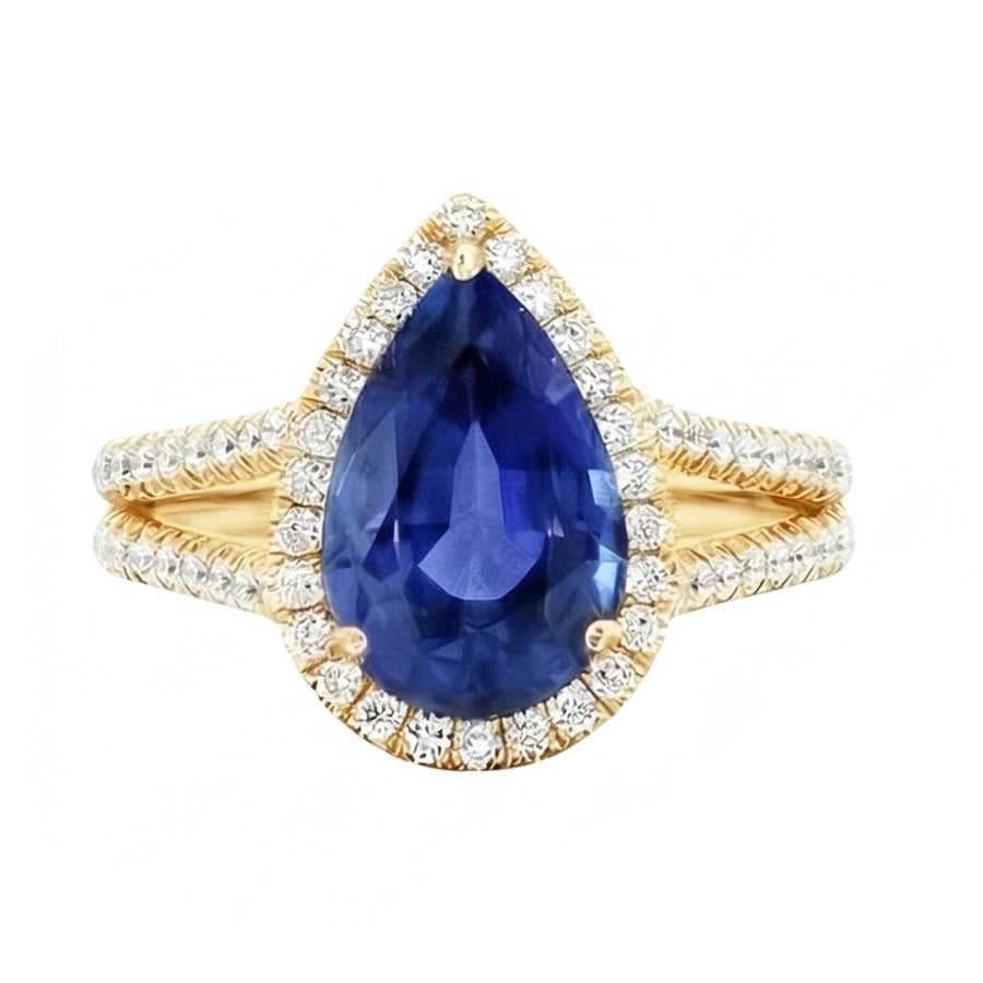 Halo Natürlicher Diamant ( nicht im Labor gezüchtet )s Ring & Sri Lanka Birnen-Saphir 8 Karat geteilter Schaft