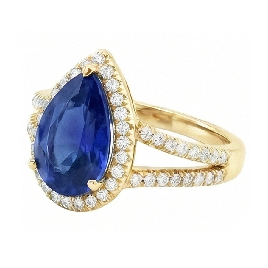 Halo Natürlicher Diamant ( nicht im Labor gezüchtet )s Ring & Sri Lanka Birnen-Saphir 8 Karat geteilter Schaft