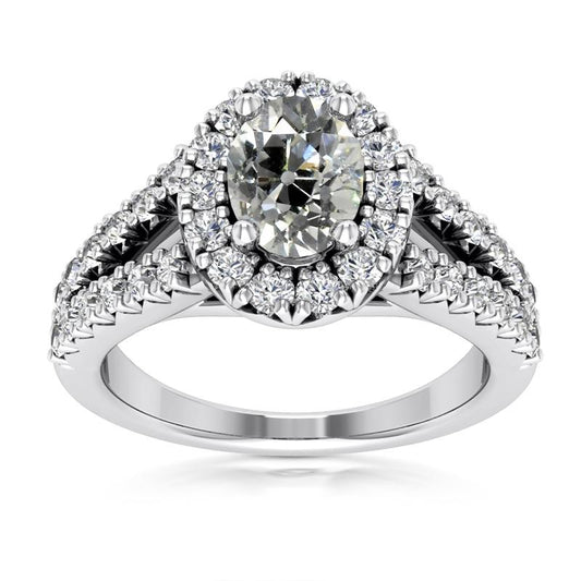 Halo Old Cut Oval & Runden Echt Diamant Ring Split Shank 6 Karat Weißgold
