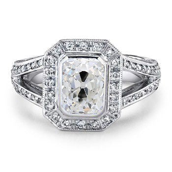 Halo Old Cut Radiant Echt Diamant Ring Lünette 2,50 Karat geteilter Schaft