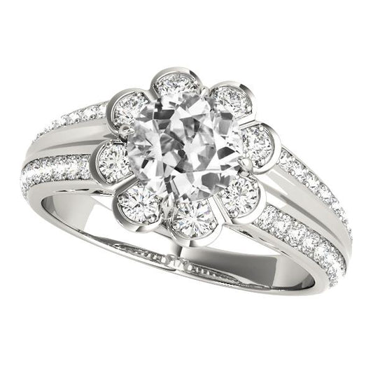 Halo Old Cut Runder Echt Diamantring Blumenstil 5 Karat Konischer Schaft