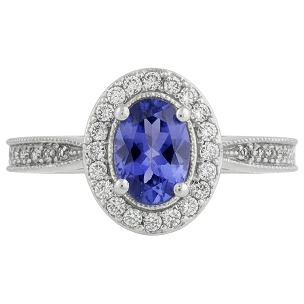 Halo Oval 10.25 Karat Tansanit & Aus der Erde Abgebauter Natürlicher Diamanten Ring Weißgold 14K