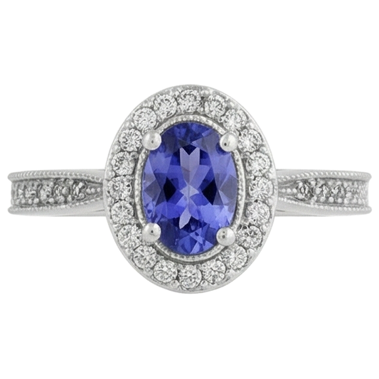 Halo Oval 10.25 Karat Tansanit & Aus der Erde Abgebauter Natürlicher Diamanten Ring Weißgold 14K