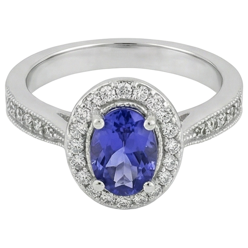 Halo Oval 10.25 Karat Tansanit & Aus der Erde Abgebauter Natürlicher Diamanten Ring Weißgold 14K