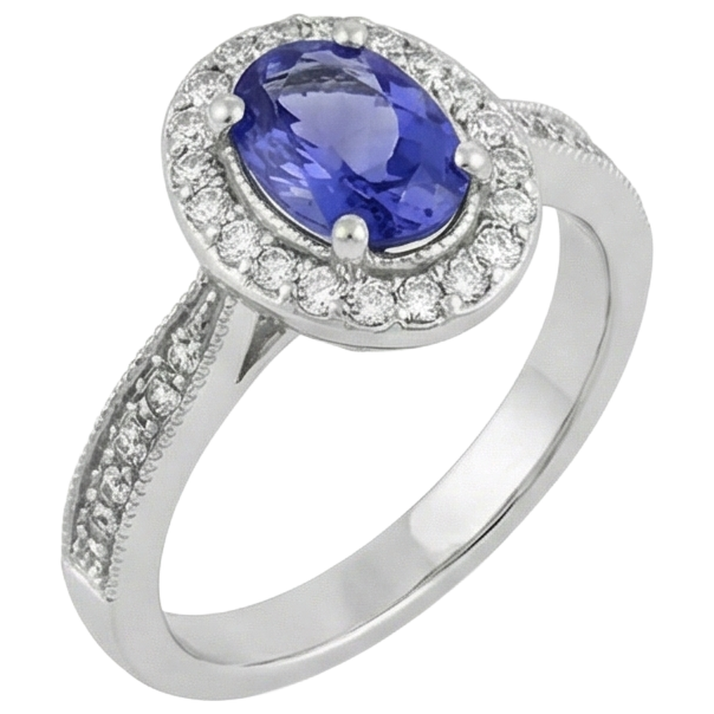 Halo Oval 10.25 Karat Tansanit & Aus der Erde Abgebauter Natürlicher Diamanten Ring Weißgold 14K