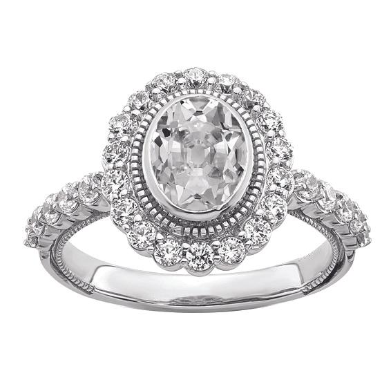 Halo Oval Old Cut Echt Diamant Ring Lünette Blumenstil 5.50 Karat Milgrain