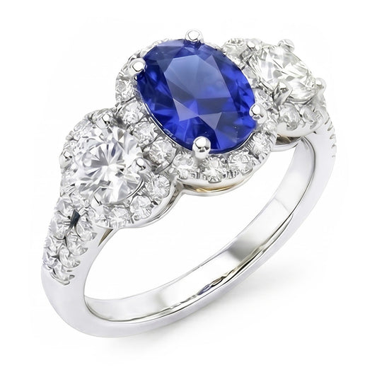 Halo Oval Saphir Ring 3 Steine Stil Gespaltener Schaft 3,50 Karat