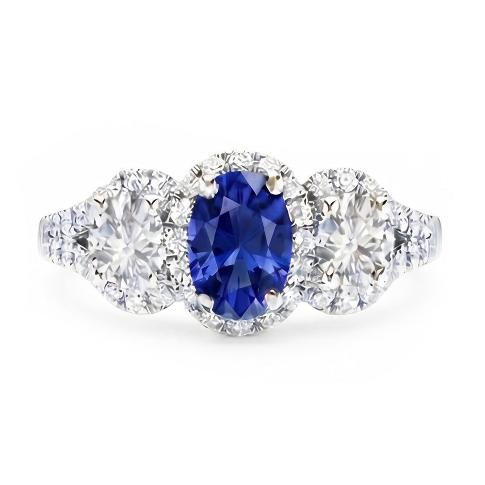 Halo Oval Saphir Ring 3 Steine Stil Gespaltener Schaft 3,50 Karat