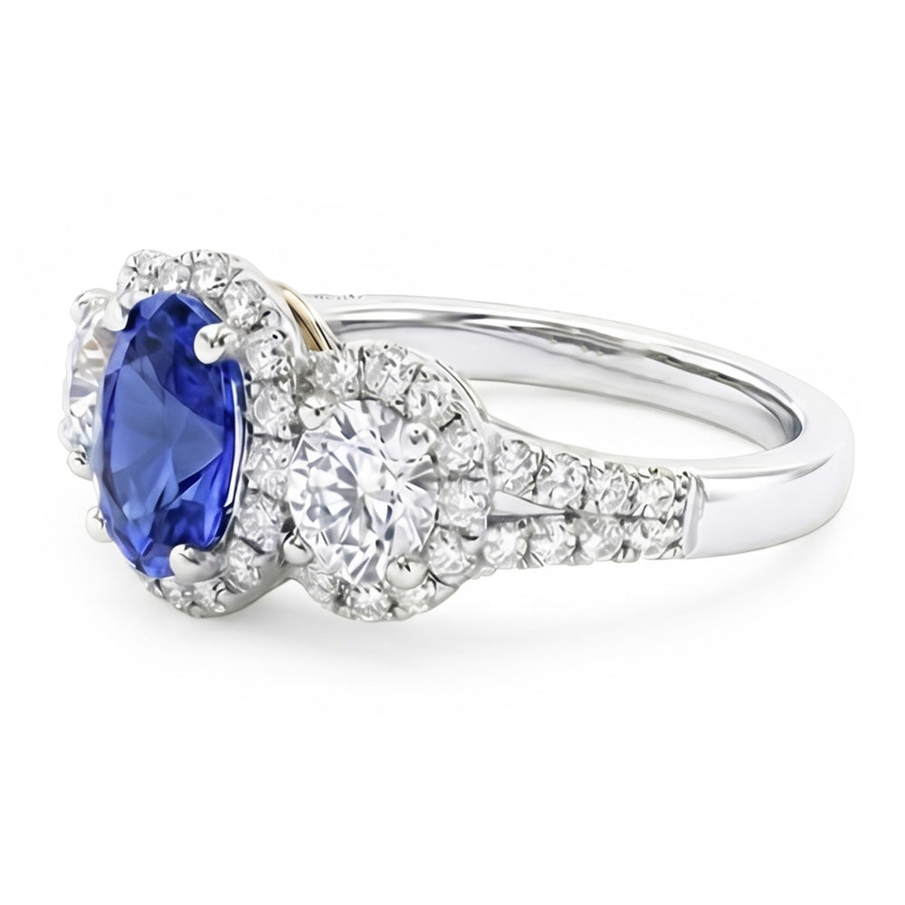 Halo Oval Saphir Ring 3 Steine Stil Gespaltener Schaft 3,50 Karat