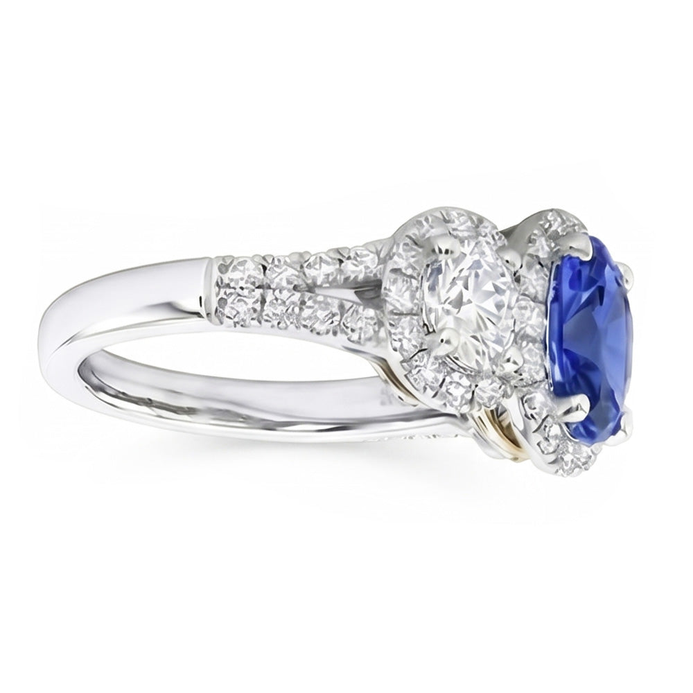 Halo Oval Saphir Ring 3 Steine Stil Gespaltener Schaft 3,50 Karat