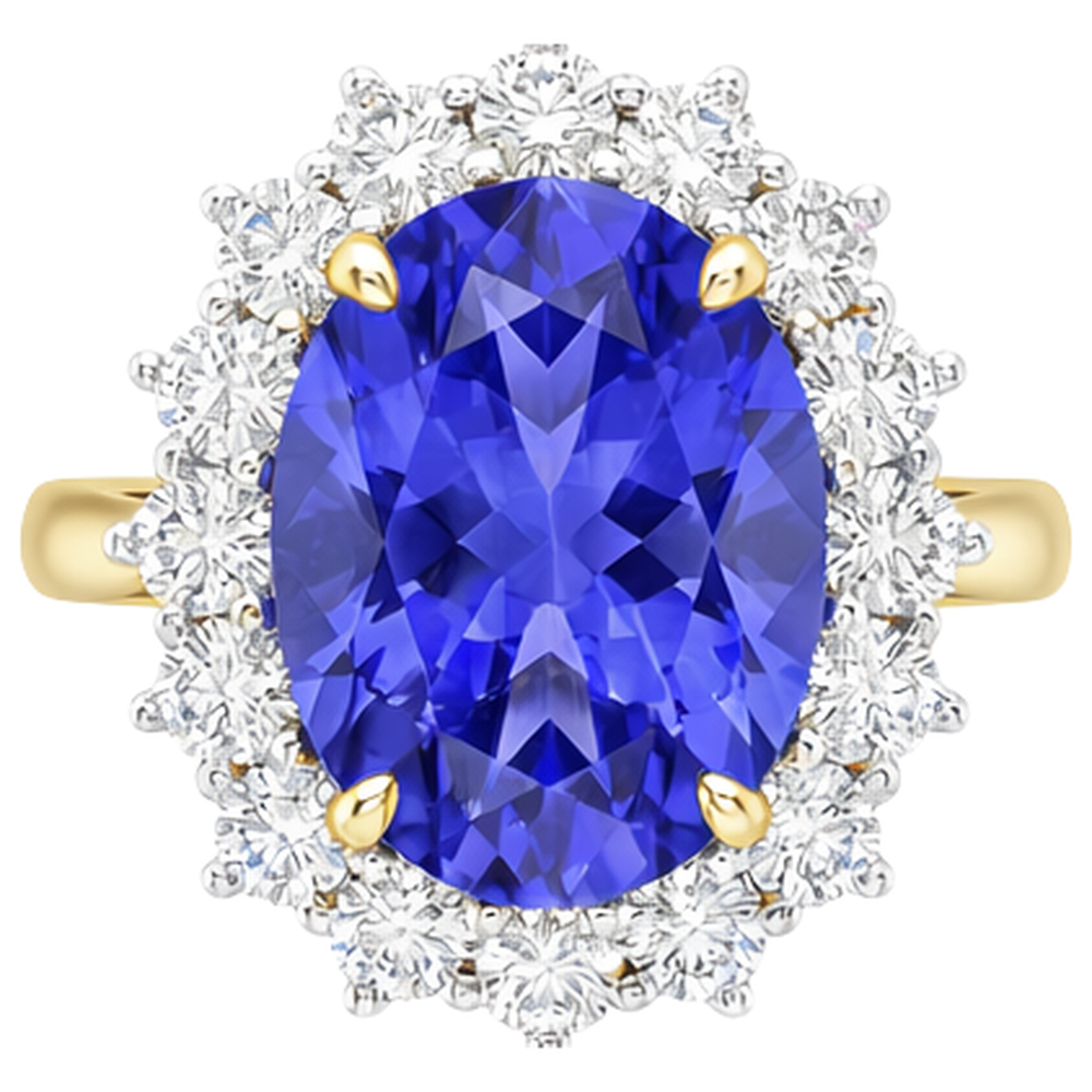 Halo Oval Tansanit AAA Aus der Erde Abgebauter Natürlicher Diamanten 8,50 Karat Ring Zweifarbiges Gold