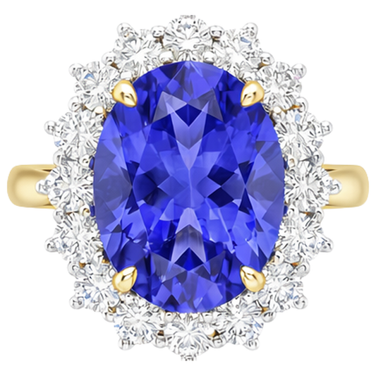 Halo Oval Tansanit AAA Aus der Erde Abgebauter Natürlicher Diamanten 8,50 Karat Ring Zweifarbiges Gold