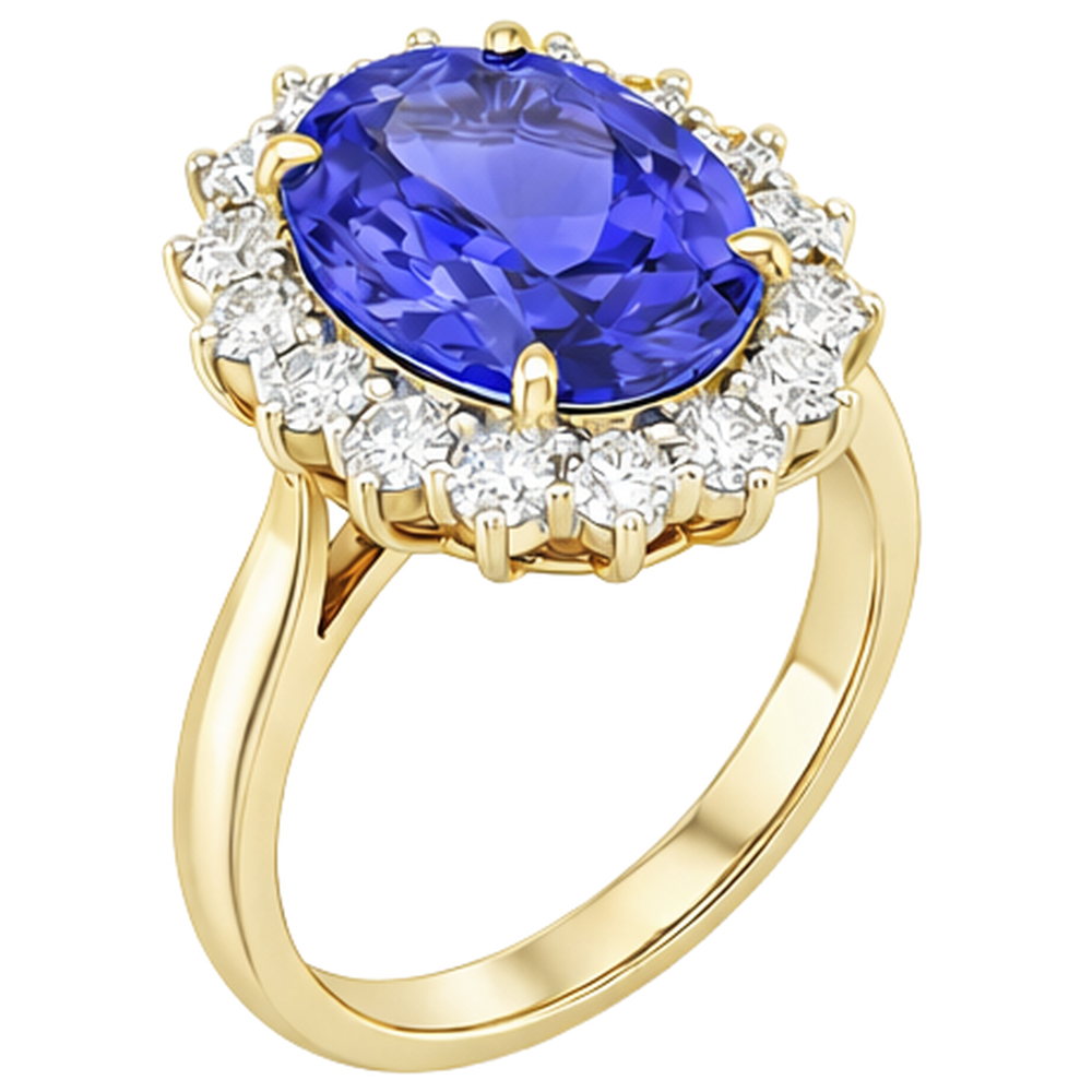 Halo Oval Tansanit AAA Aus der Erde Abgebauter Natürlicher Diamanten 8,50 Karat Ring Zweifarbiges Gold