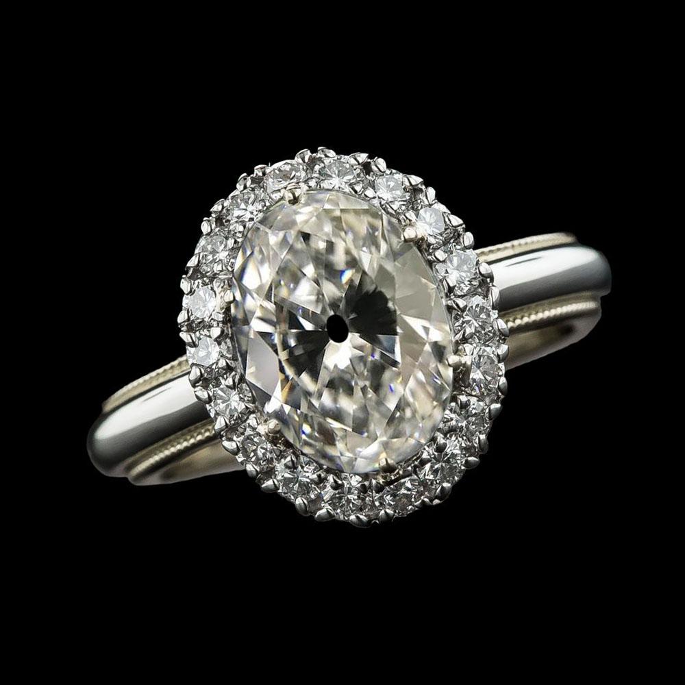 Halo Oval alter Bergmann & Runder Echt Diamantring 7,25 Karat Vintage Style