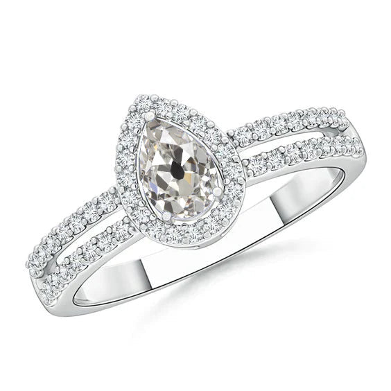 Halo Pear Old Mine Cut Echt Diamantring 3 Karat geteilter Schaft