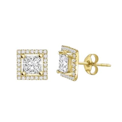 Halo Prinzessin & Runden Echt Diamant Ohrstecker 3.40 ct. Gelbgold 14K