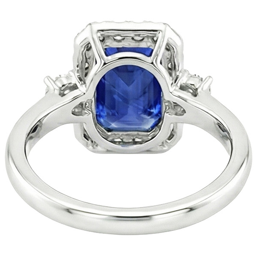 Halo Ring 3 Steine Strahlend Blauer Saphir & Aus der Erde Abgebauter Natürlicher Diamant 4,50 Karat