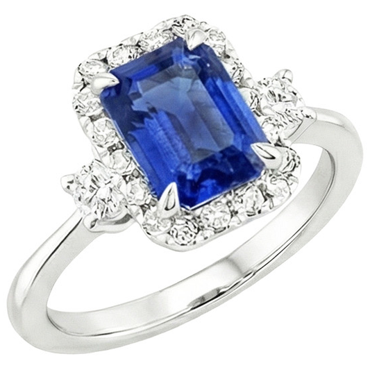 Halo Ring 3 Steine Strahlend Blauer Saphir & Aus der Erde Abgebauter Natürlicher Diamant 4,50 Karat