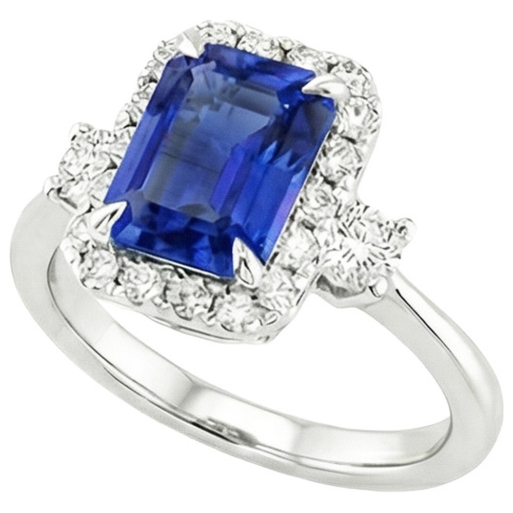 Halo Ring 3 Steine Strahlend Blauer Saphir & Aus der Erde Abgebauter Natürlicher Diamant 4,50 Karat