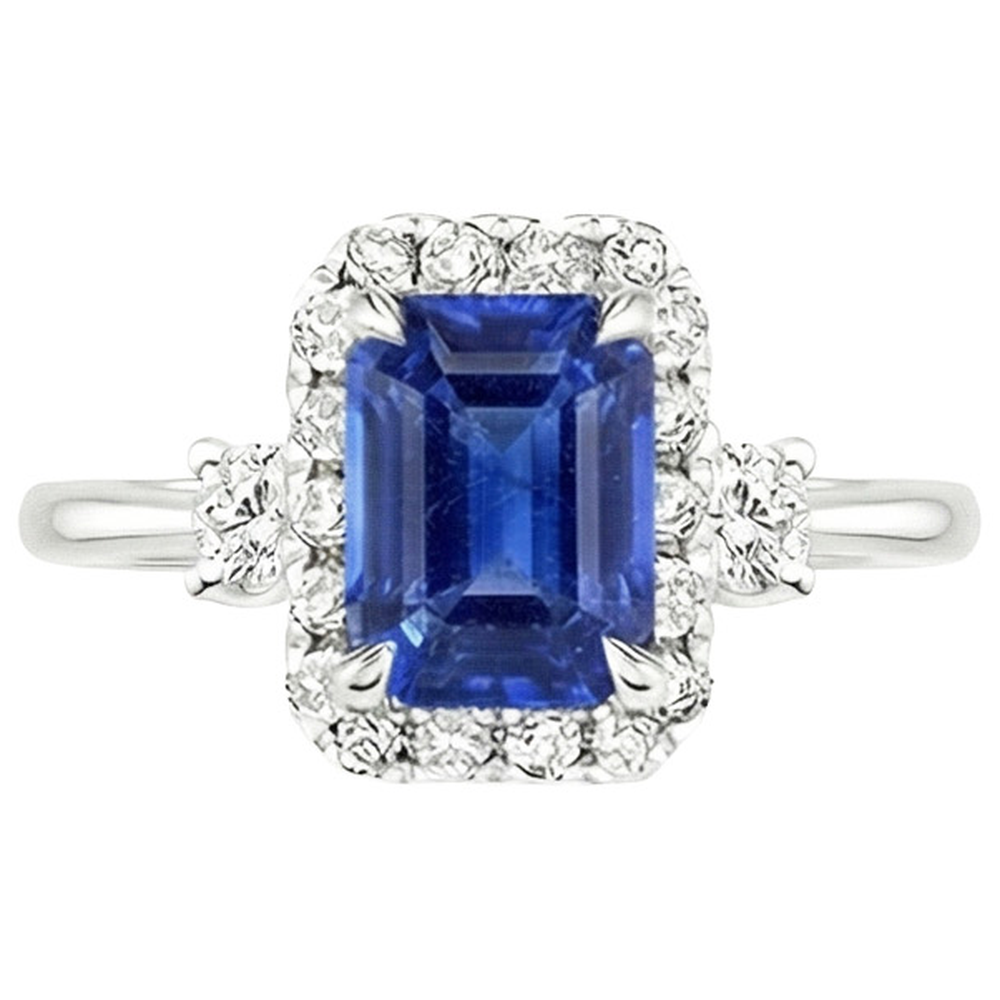 Halo Ring 3 Steine Strahlend Blauer Saphir & Aus der Erde Abgebauter Natürlicher Diamant 4,50 Karat