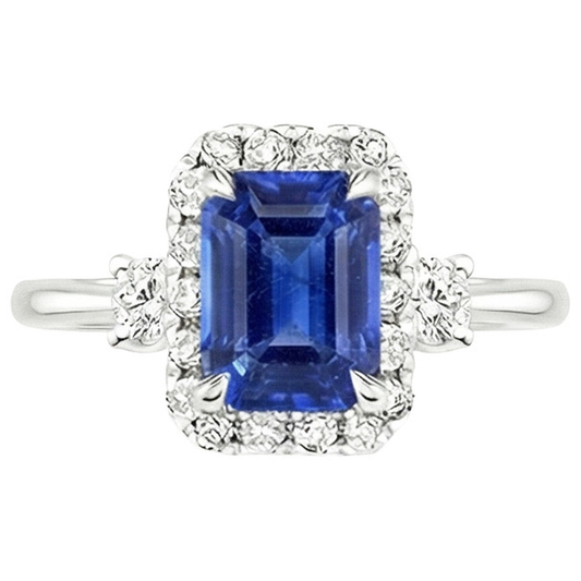 Halo Ring 3 Steine Strahlend Blauer Saphir & Aus der Erde Abgebauter Natürlicher Diamant 4,50 Karat