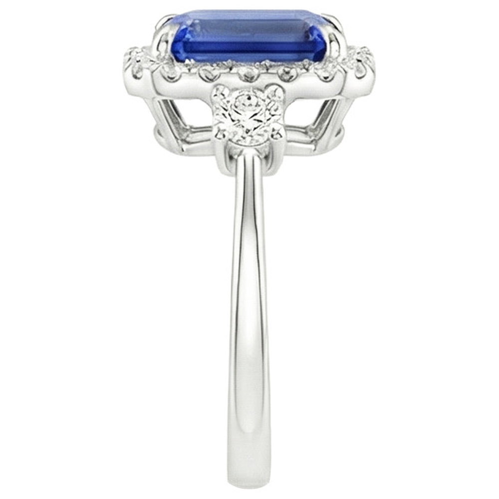 Halo Ring 3 Steine Strahlend Blauer Saphir & Aus der Erde Abgebauter Natürlicher Diamant 4,50 Karat