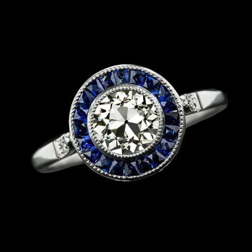 Halo Ring Altschliff Echt Diamant & Baguette Saphir Lünette Set 3 Karat