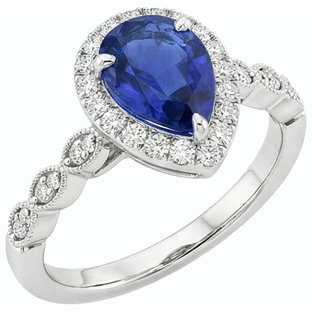 Halo Ring Birne Ceylon Saphir & Natürlicher Diamant ( nicht im Labor gezüchtet )en 5 Karat Weißgold 14K