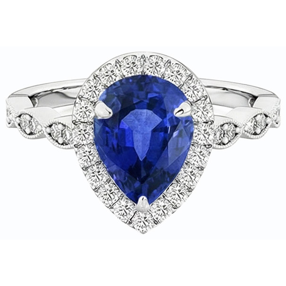 Halo Ring Birne Ceylon Saphir & Natürlicher Diamant ( nicht im Labor gezüchtet )en 5 Karat Weißgold 14K