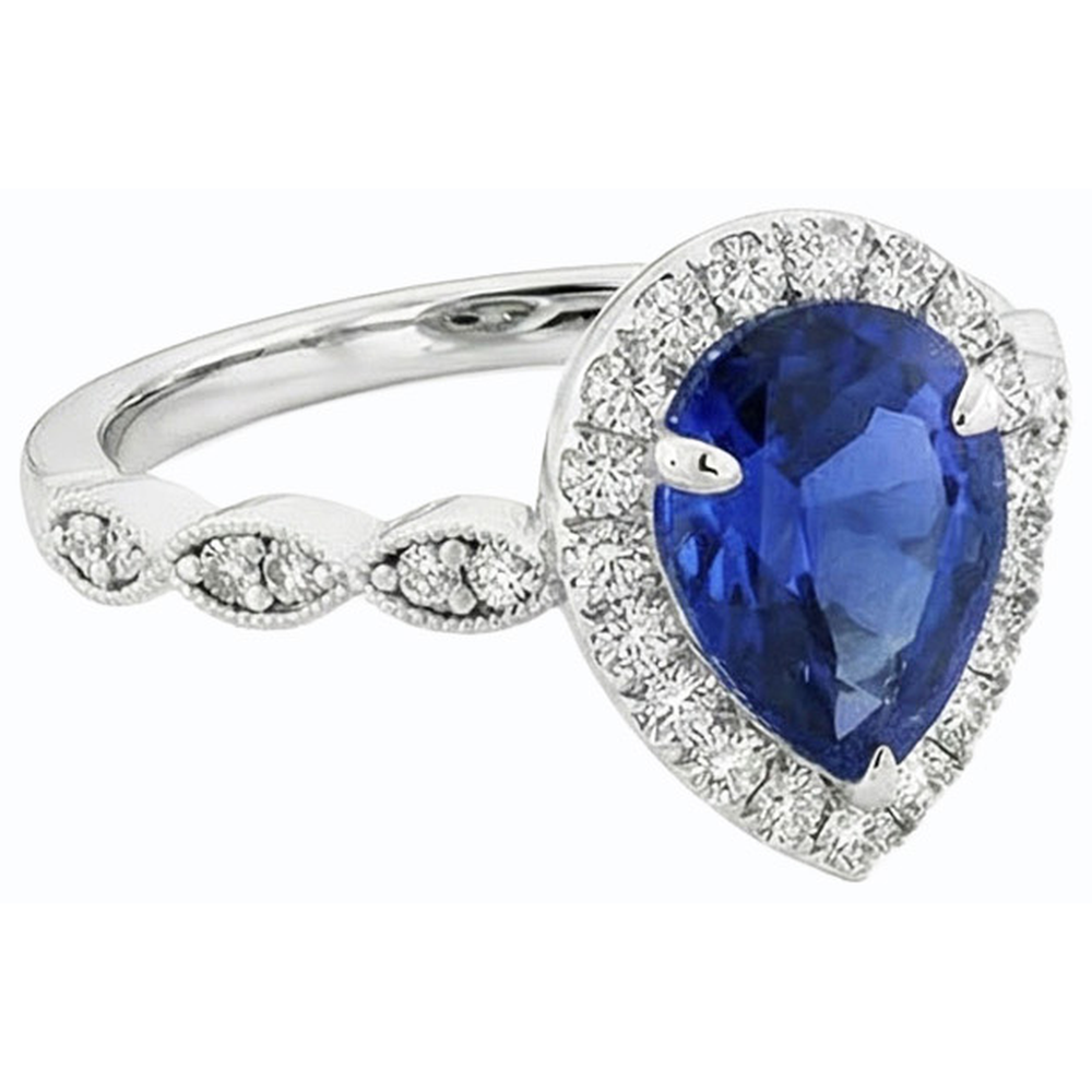 Halo Ring Birne Ceylon Saphir & Natürlicher Diamant ( nicht im Labor gezüchtet )en 5 Karat Weißgold 14K